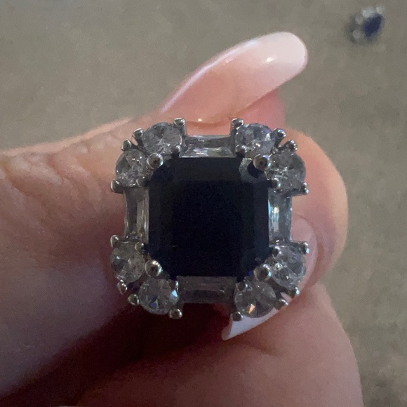 Square simulated, sapphire, and CZ diamond post earrings. - Picture 6 of 7